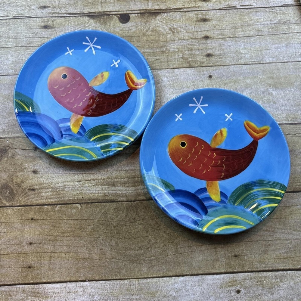 Grasslands Road Whimsical Fish Ceramic Appetizer‎ Plates Blue Set of 2 8 Inch